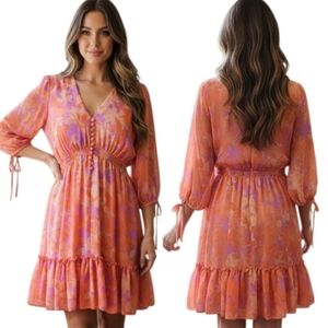 TAYLOR Floral Print Ruffled Blouson Dress - Size 14